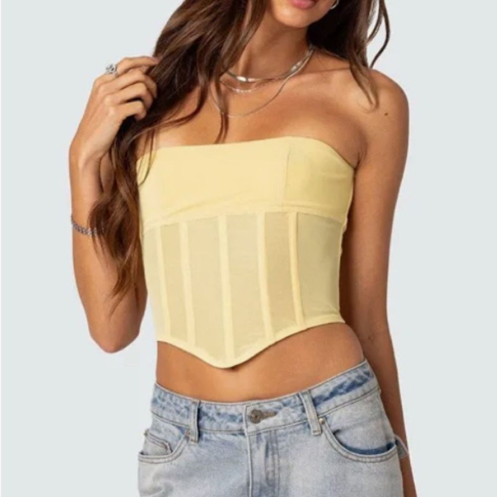 Edikted Women's Evangeline Coquette Mesh Buttercup Yellow Corset Y2K Top SZ L